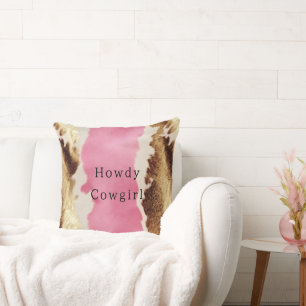 Western Pink Cream Gold Cowgirl Cowhide Throw Pillow
