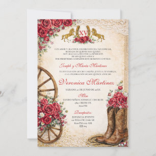 Western Pink Floral Rustic Quinceañera Mexican Invitation