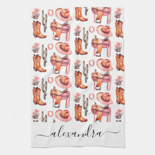 Western pink orange cowgirl script name kitchen towel