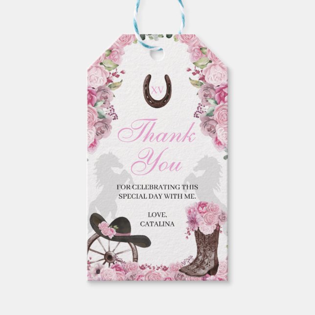 Western Pink Ranchero Quinceanera Gift Tags (Front)