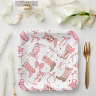 Western Pink Rodeo Boots with Bows Bridal Shower Paper Plate
