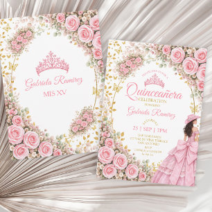 Western Pink Roses Golden Butterfly Quinceañera Invitation
