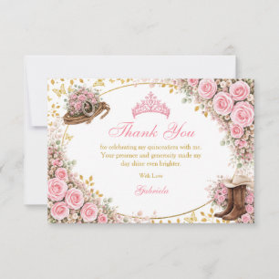 Western Pink Roses Golden Country Quinceañera Thank You Card