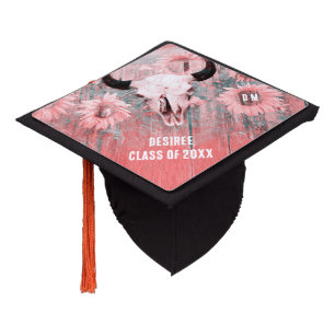 Western Pink Rustic Bull Skull Sunflowers On Wood Graduation Cap Topper