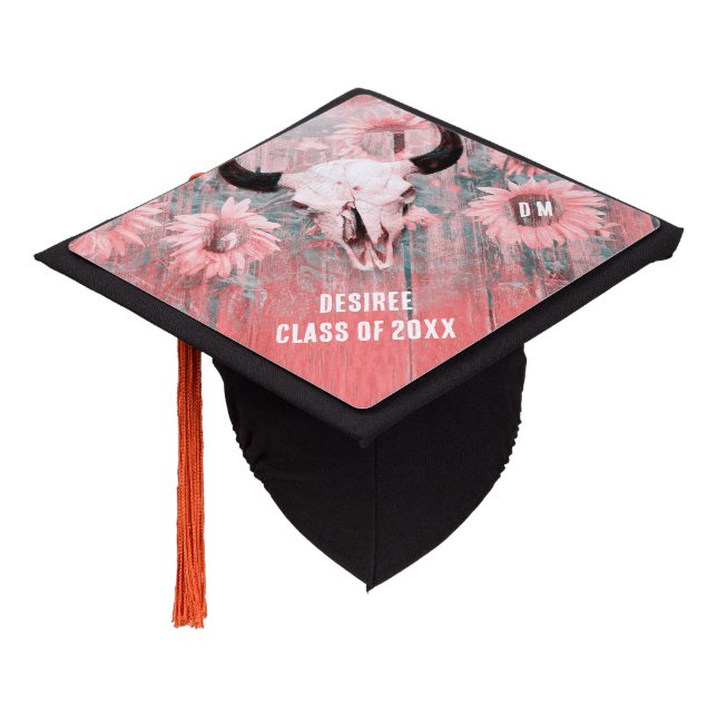 Western Pink Rustic Bull Skull Sunflowers On Wood Graduation Cap Topper (Angled)