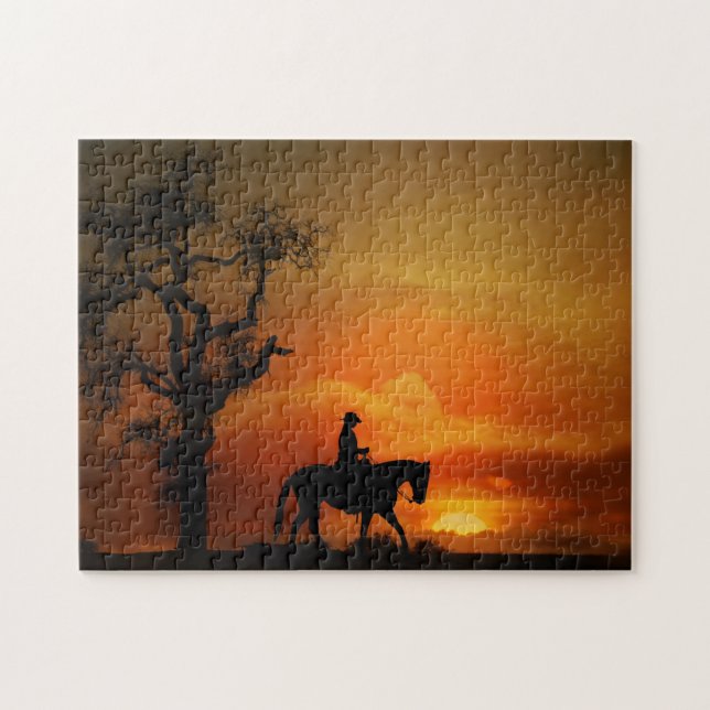 Western Pleasure Trail Riding Sunset Horse Jigsaw Puzzle (Horizontal)