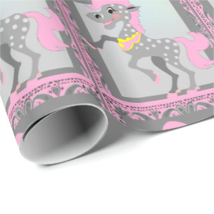 Western Polka Dot Cartoon Horse Pink Bandana Wrapping Paper