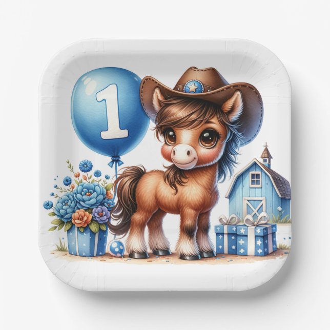 Western Pony First Birthday Paper Plate (Front)