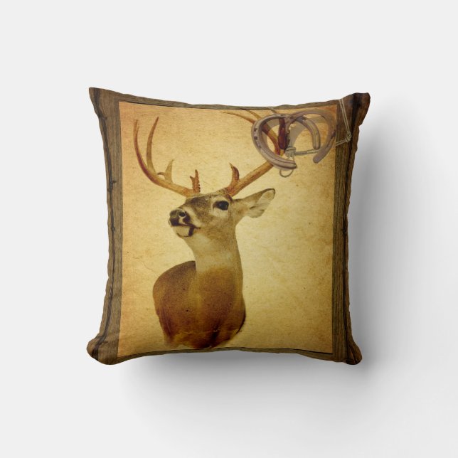 Western Primitive barn wood buck white tail deer Throw Pillow (Front)