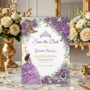 Western Purple Roses Golden Country Quinceañera Save The Date