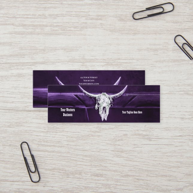Western Purple White Rustic Bull Cow Skull Barn Mini Business Card (Front/Back In Situ)