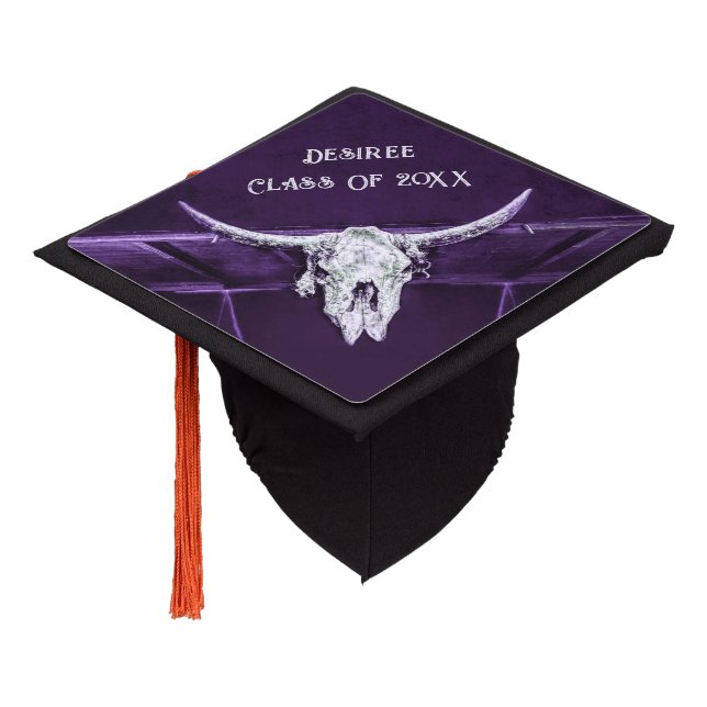 Western Purple White Rustic Bull Cow Skull Graduation Cap Topper (Angled)