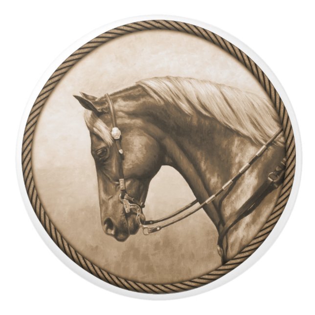Western Ranch Horse Old Photo Sepia Ceramic Knob (Front)