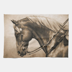 Western Ranch Horse Old Photo Sepia Kitchen Towel