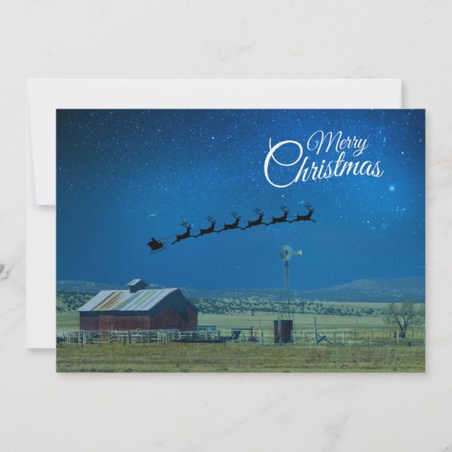 Western Ranch scene with Santa and Reindeer Holiday Card (Front)