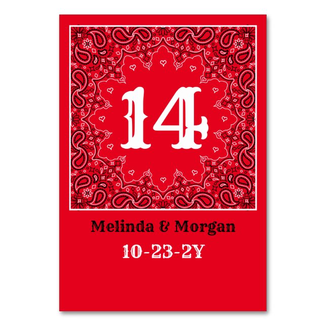 Western Red Bandana Personalized Wedding Table Number (Front)