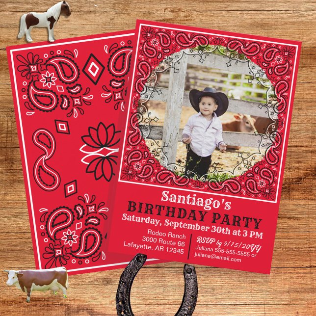 Western Red Bandana Photo Birthday Invitation (A red bandana birthday invitation personalized with your cowboy or cowgirls photo.)