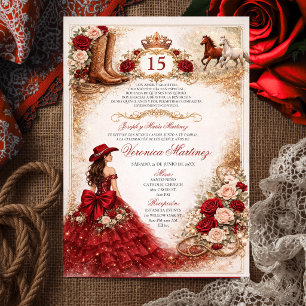 Western Red & Gold Charra Princess 15 Años Mexican Invitation