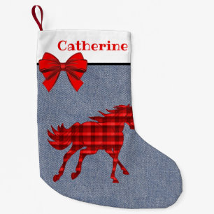 Western   Red Plaid Horse On  Faux Denim Small Christmas Stocking