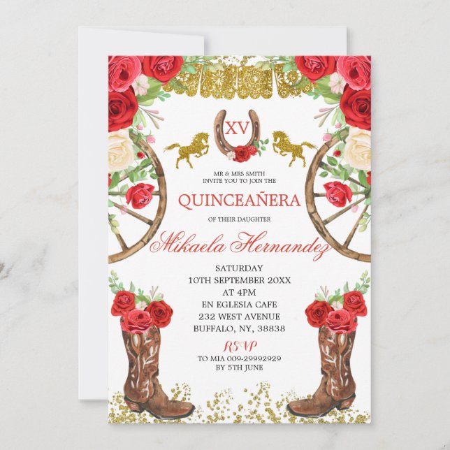 Western Red Rose Charra Quinceanera Invitation (Devant)