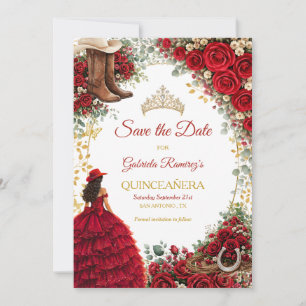 Western Red Roses Golden Country Quinceañera Save The Date