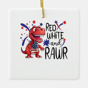 Western Red White Rawr Dinosaur Ceramic Ornament