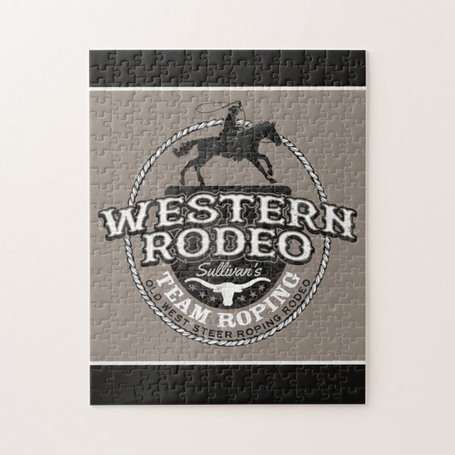 Western Rodeo ADD NAME Old West Steer Roping Roper Jigsaw Puzzle (Vertical)