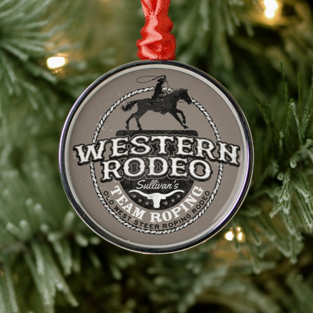 Western Rodeo ADD NAME Old West Steer Roping Roper Metal Ornament (Tree)