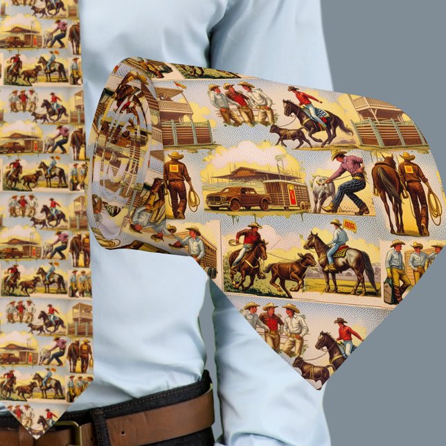 Western Rodeo Arena Cowboys Roping Tie (Vintage Western Cowboy Rodeo Scenes print on Men's Necktie)