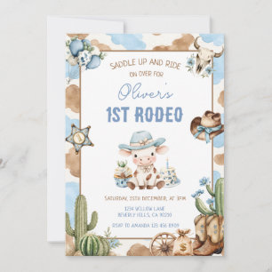 Western Rodeo Blue Cowboy 1st Birthday Invitation