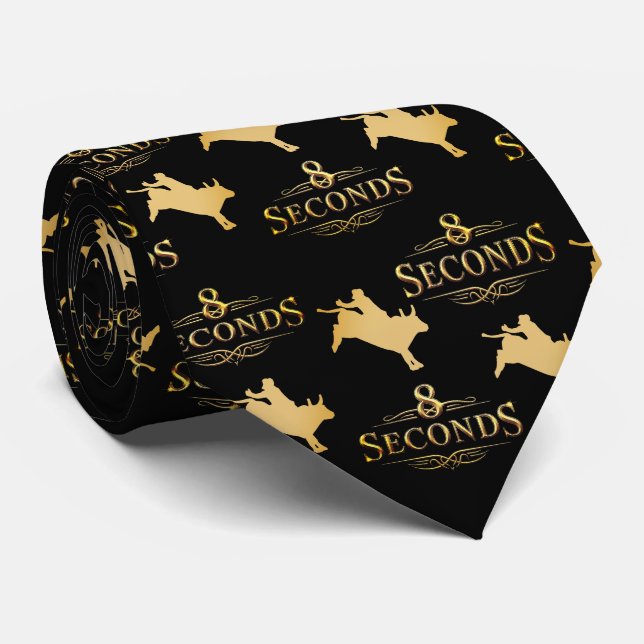 Western Rodeo Bull Riding 8 Seconds Black / Gold Tie (Rolled)