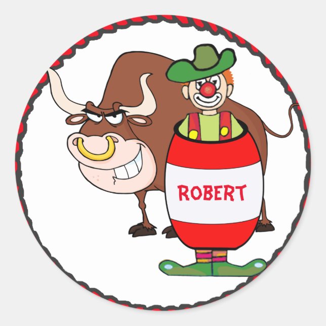 Western Rodeo Clown And Bull Personalize Classic Round Sticker (Front)