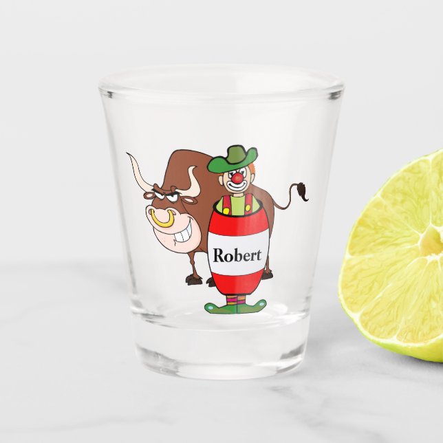 Western Rodeo Clown And Bull Personalized Shot Glass (Front)
