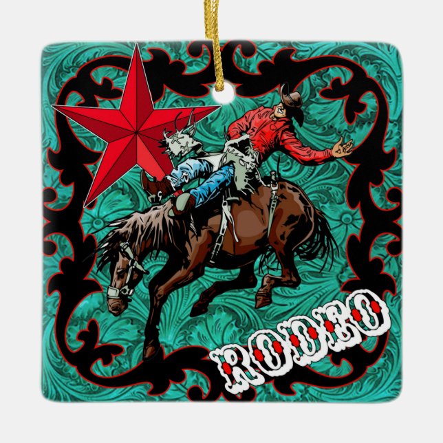 Western Rodeo Cowboy Bronc Riding Ornament (Front)