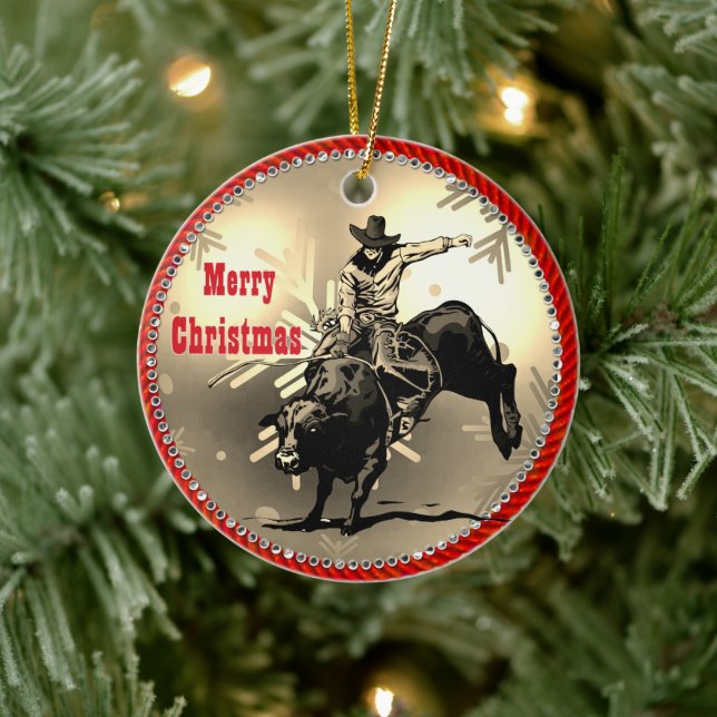 Western Rodeo Cowboy Bull Rider Ceramic Ornament (Tree)