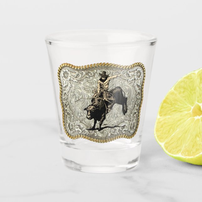 Western Rodeo Cowboy Bull Riding Belt Buckle Shot Glass (Front)