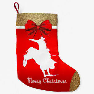 Western Rodeo Cowboy Bull Riding on Red Small Christmas Stocking