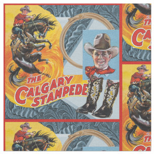 Western Rodeo Cowboy Collage Print With Red Border Fabric