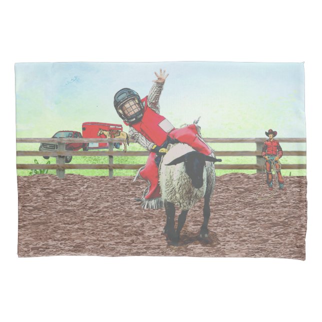 Western Rodeo Cowboy Cowgirl Mutton Busting Pillowcase (Front)