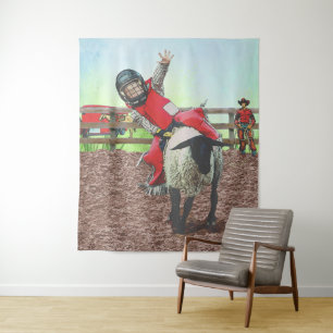 Western Rodeo Cowboy Cowgirl Mutton Busting Tapestry