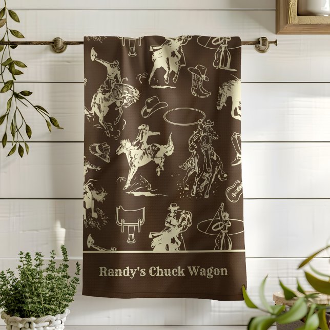 Western Rodeo Cowboy Dark Brown Personalized Kitchen Towel (Creator Uploaded)
