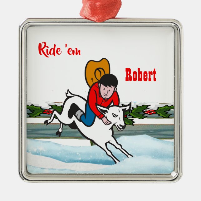 Western Rodeo Cowboy Kid Mutton Buster Christmas Metal Ornament (Front)