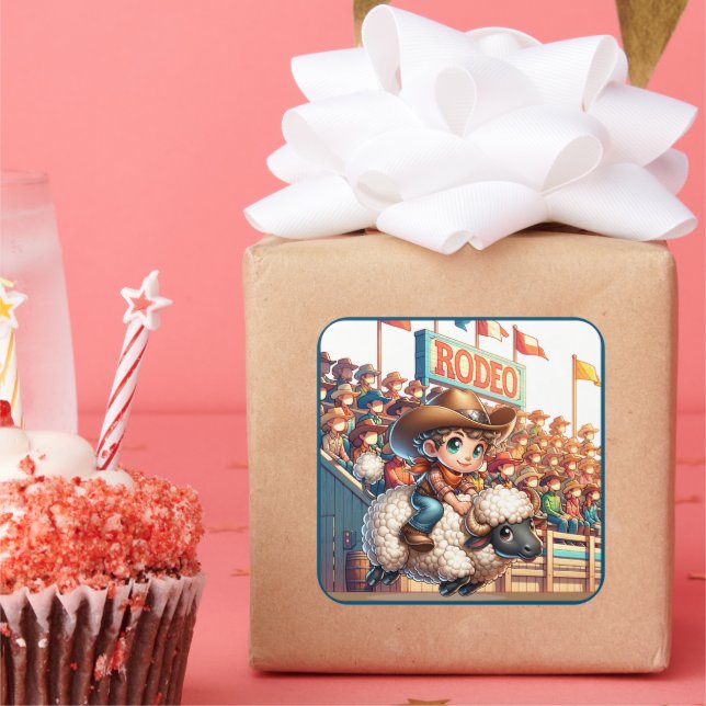 Western Rodeo Cowboy Mutton Busting Square Sticker (Party)