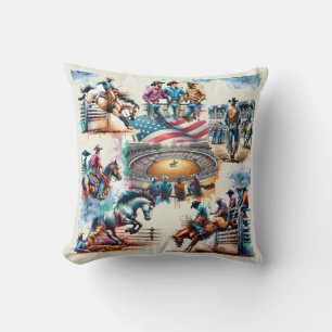 Western Rodeo Cowboys Bucking Horse Riding Scenes Throw Pillow