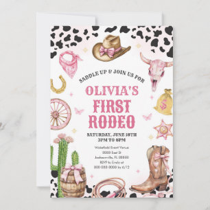 Western Rodeo Cowgirl First Rodeo 1st Birthday Invitation