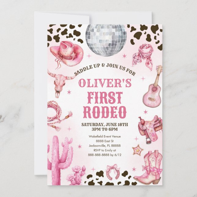 Western Rodeo Cowgirl First Rodeo 1st Birthday Invitation (Front)