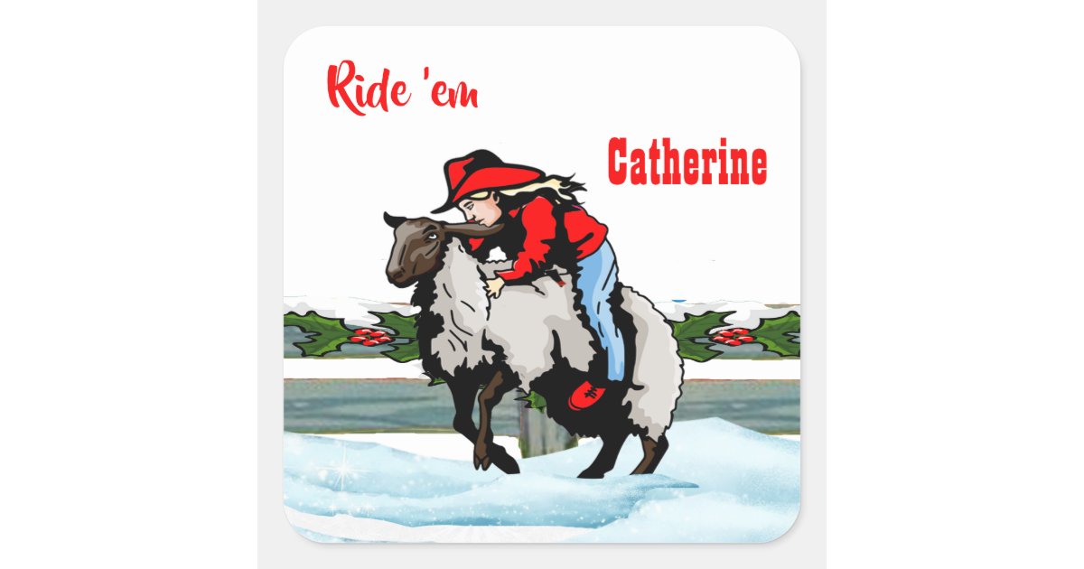 Western Rodeo Cowgirl Kid Mutton Buster Christmas Square Sticker | Zazzle