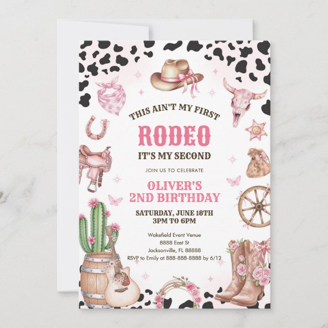 Western Rodeo Cowgirl Second Rodeo 2nd Birthday Invitation (Front)