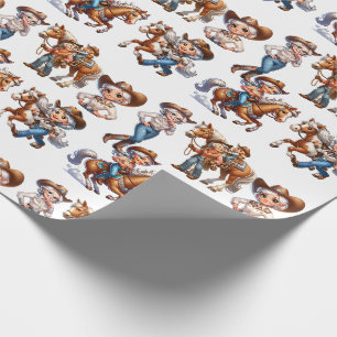 Western Rodeo Cowgirl With Horses and Kid  Wrapping Paper
