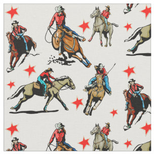 Western Rodeo Cowgirls Riding Horses Design Fabric